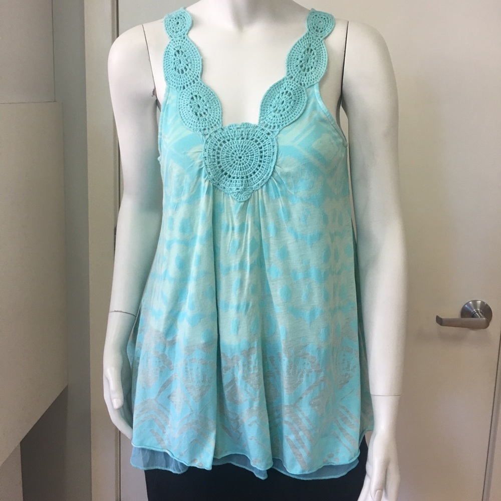 Testament Aqua Turquoise Crochet Trim Sleeveless Tank Top Size XS Boho Coastal